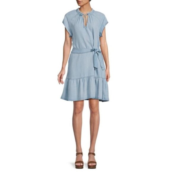 Cloth & Stone Chambray Blue Ruffle Neck Tiered Mini Dress Womens Size S - Picture 1 of 9